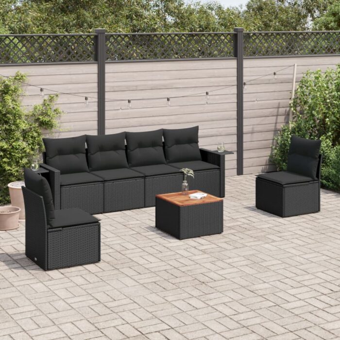 Salon de jardin 7 pcs avec coussins noir résine tressée – Image 1