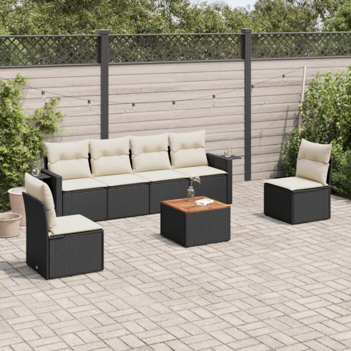 Salon de jardin 7 pcs avec coussins noir résine tressée – Image 1
