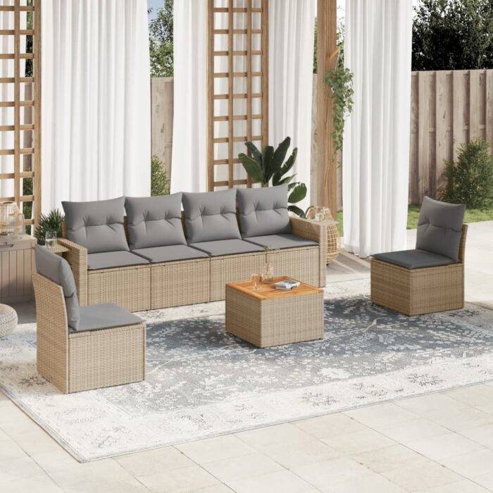 Salon de jardin avec coussins 7 pcs beige résine tressée – Image 1