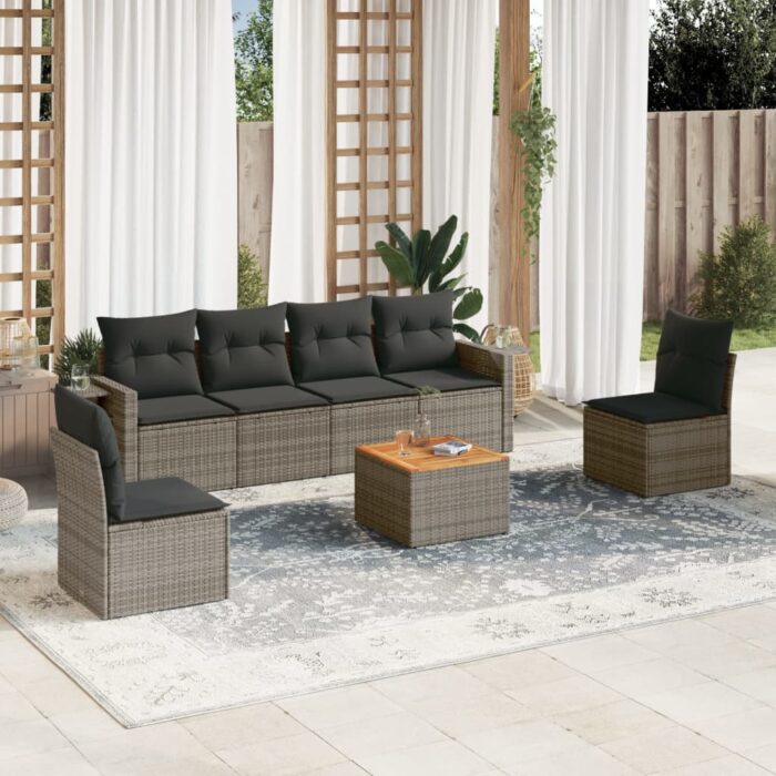 Salon de jardin avec coussins 7 pcs gris résine tressée – Image 1