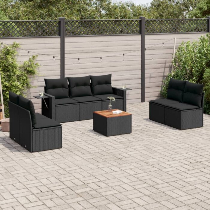 Salon de jardin 8 pcs avec coussins noir résine tressée – Image 1