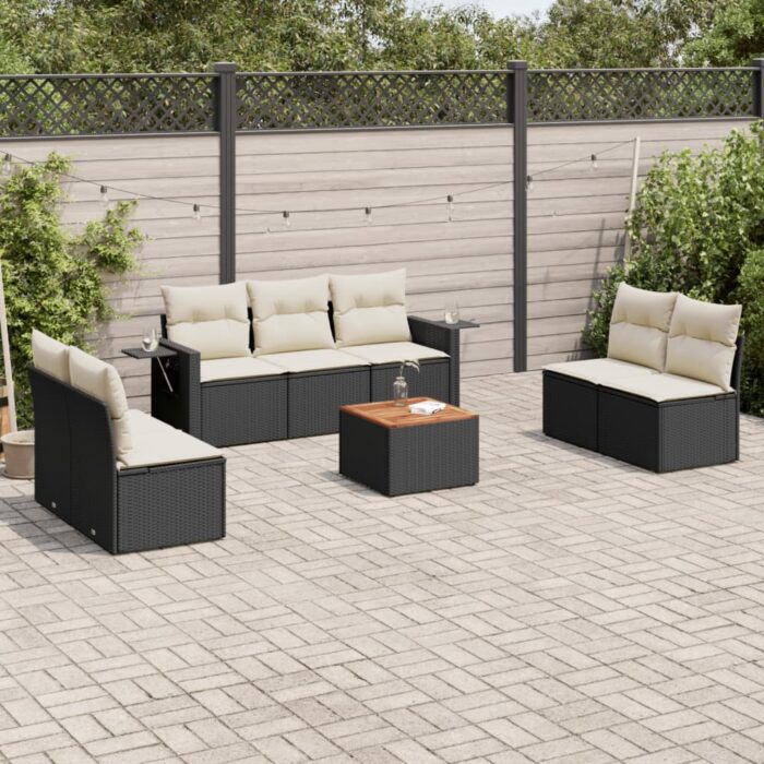 Salon de jardin 8 pcs avec coussins noir résine tressée – Image 1