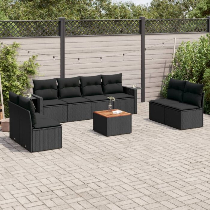 Salon de jardin 9 pcs avec coussins noir résine tressée – Image 1