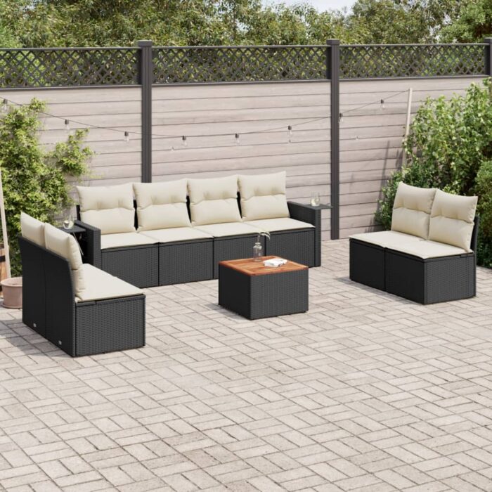 Salon de jardin 9 pcs avec coussins noir résine tressée – Image 1