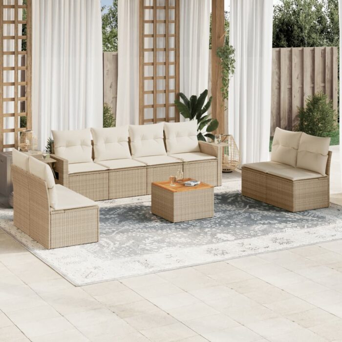 Salon de jardin avec coussins 9 pcs beige résine tressée – Image 1