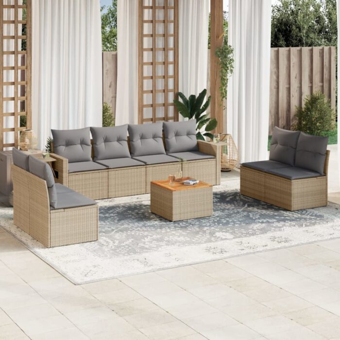 Salon de jardin avec coussins 9 pcs beige résine tressée – Image 1