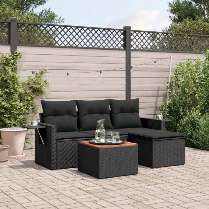 Salon de jardin 5 pcs avec coussins noir résine tressée – Image 1