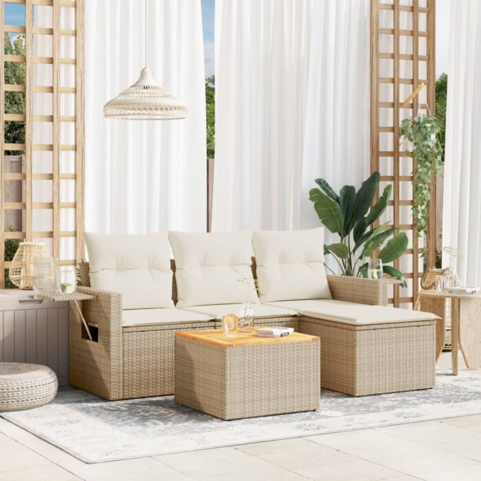 Salon de jardin avec coussins 5 pcs beige résine tressée – Image 1