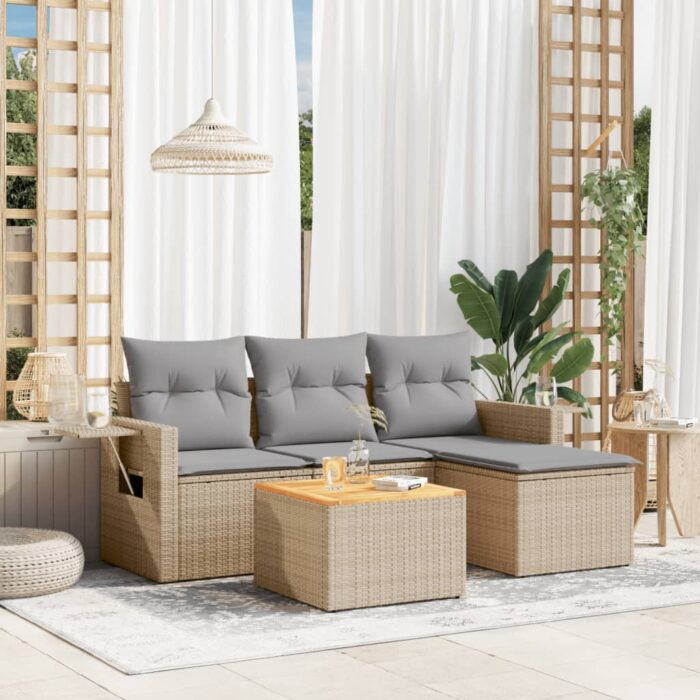 Salon de jardin avec coussins 5 pcs beige résine tressée – Image 1