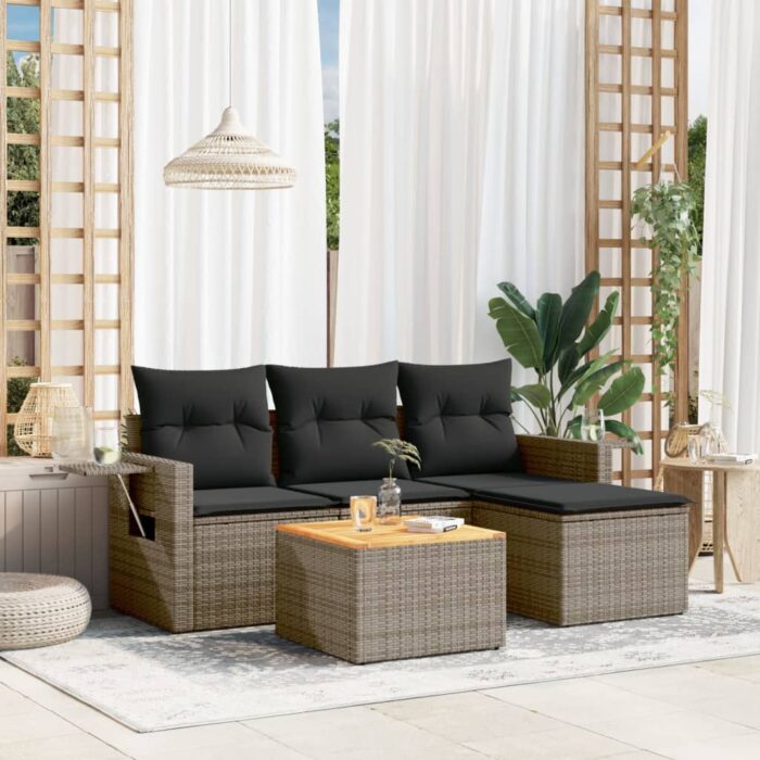 Salon de jardin 5 pcs avec coussins gris résine tressée – Image 1