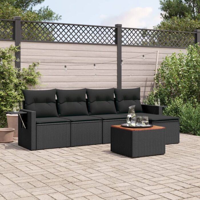 Salon de jardin 6 pcs avec coussins noir résine tressée – Image 1