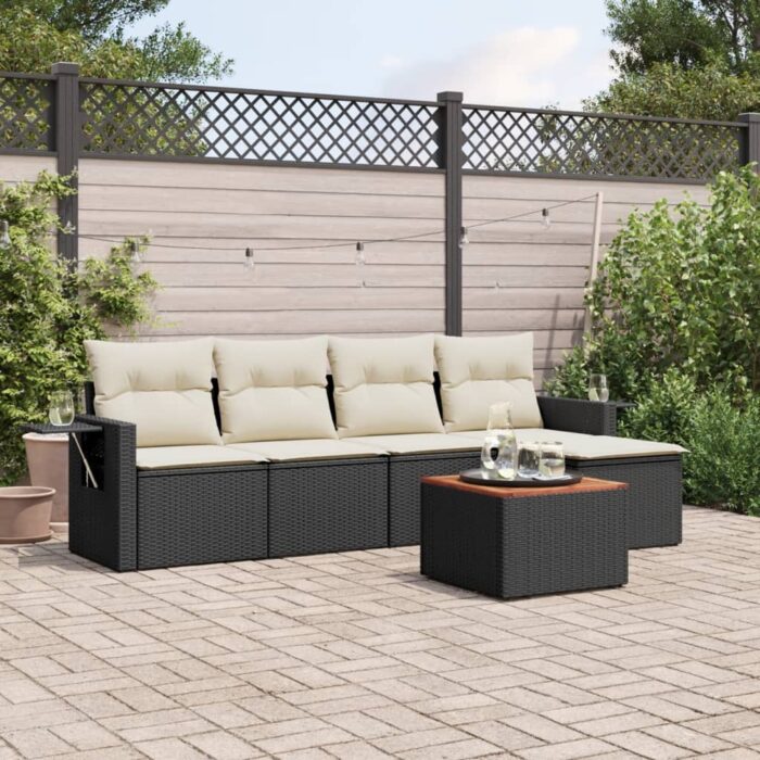 Salon de jardin 6 pcs avec coussins noir résine tressée – Image 1