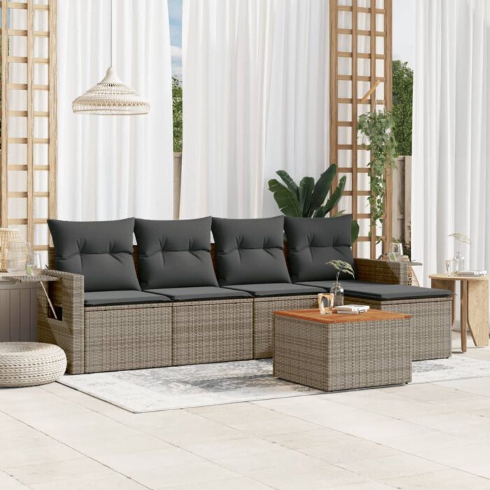 Salon de jardin 6 pcs avec coussins gris résine tressée – Image 1