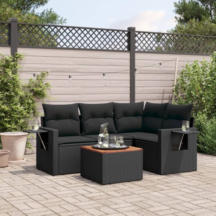 Salon de jardin 5 pcs avec coussins noir résine tressée – Image 1