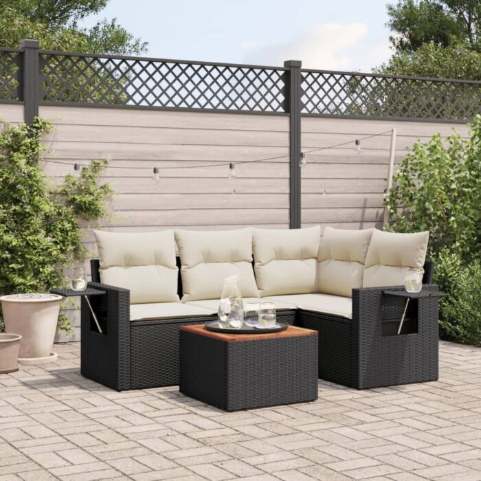Salon de jardin 5 pcs avec coussins noir résine tressée – Image 1