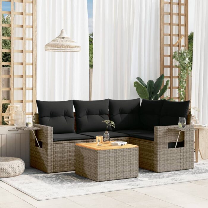 Salon de jardin 5 pcs avec coussins gris résine tressée – Image 1
