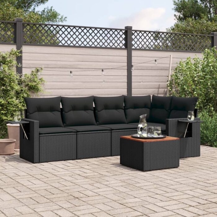 Salon de jardin 6 pcs avec coussins noir résine tressée – Image 1