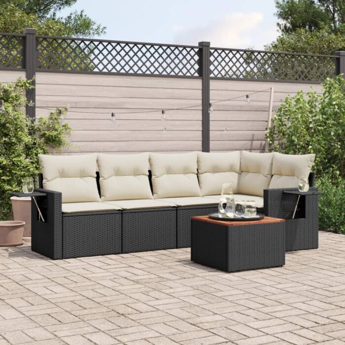 Salon de jardin 6 pcs avec coussins noir résine tressée – Image 1