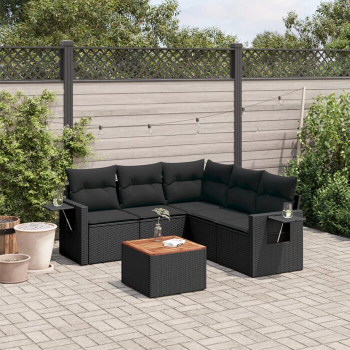 Salon de jardin 6 pcs avec coussins noir résine tressée – Image 1