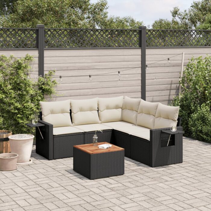 Salon de jardin 6 pcs avec coussins noir résine tressée – Image 1