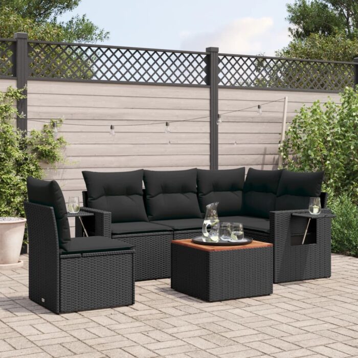 Salon de jardin 6 pcs avec coussins noir résine tressée – Image 1