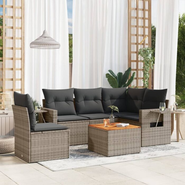 Salon de jardin 6 pcs avec coussins gris résine tressée – Image 1