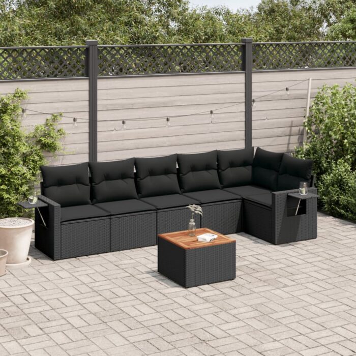 Salon de jardin 7 pcs avec coussins noir résine tressée – Image 1