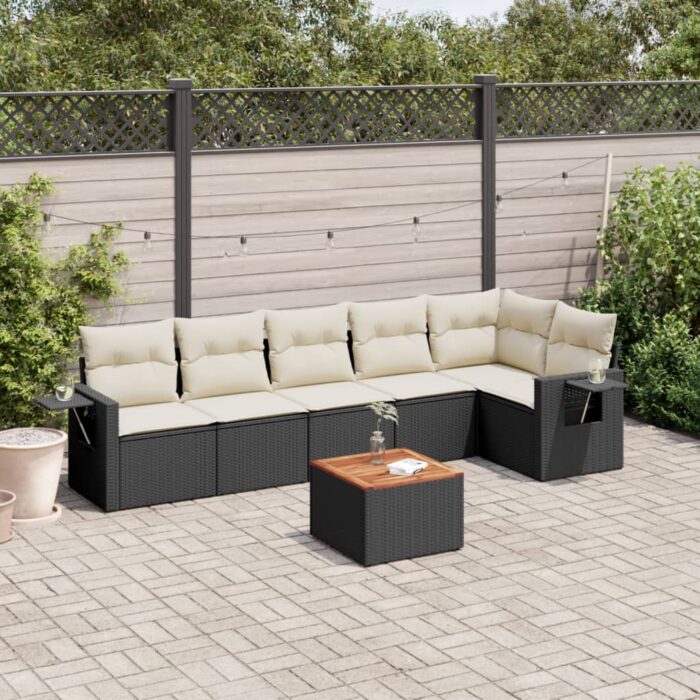 Salon de jardin 7 pcs avec coussins noir résine tressée – Image 1
