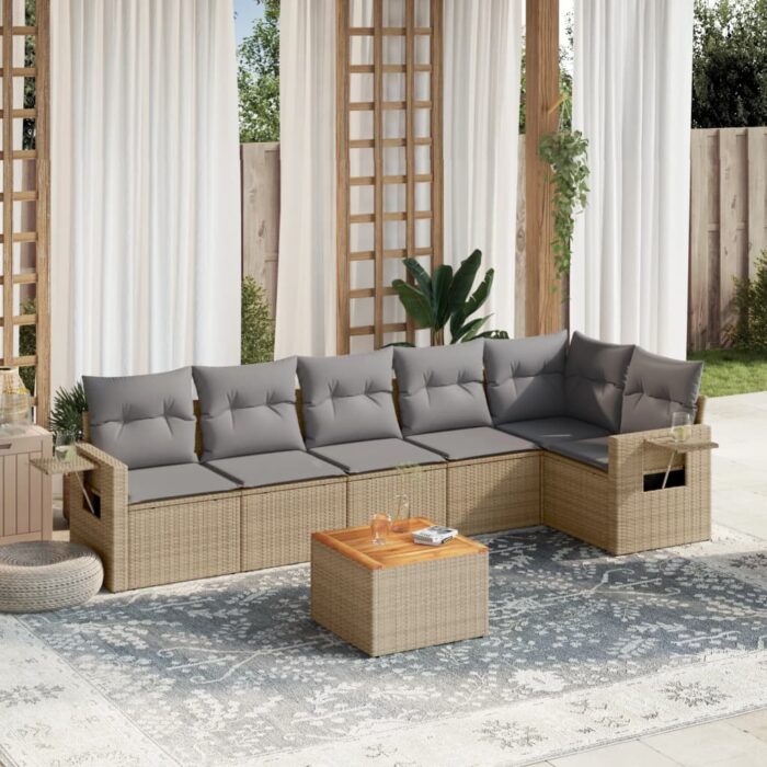 Salon de jardin avec coussins 7 pcs beige résine tressée – Image 1