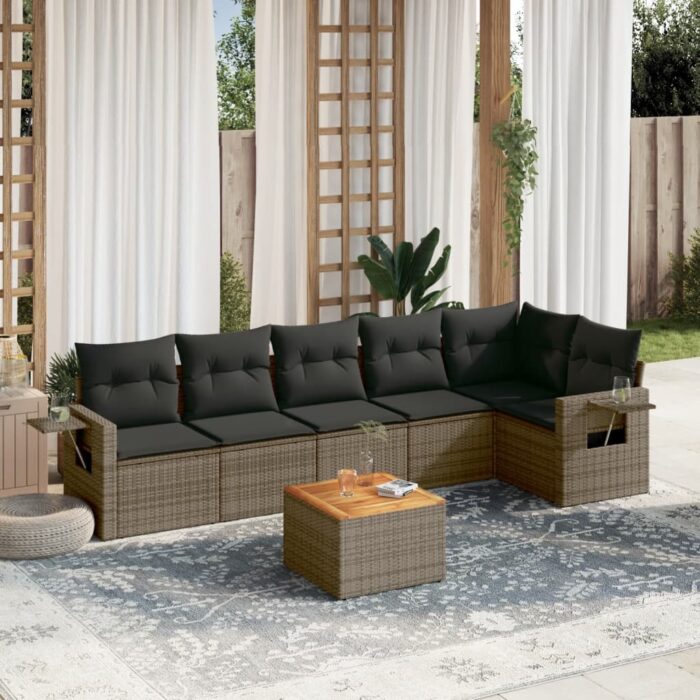 Salon de jardin avec coussins 7 pcs gris résine tressée – Image 1