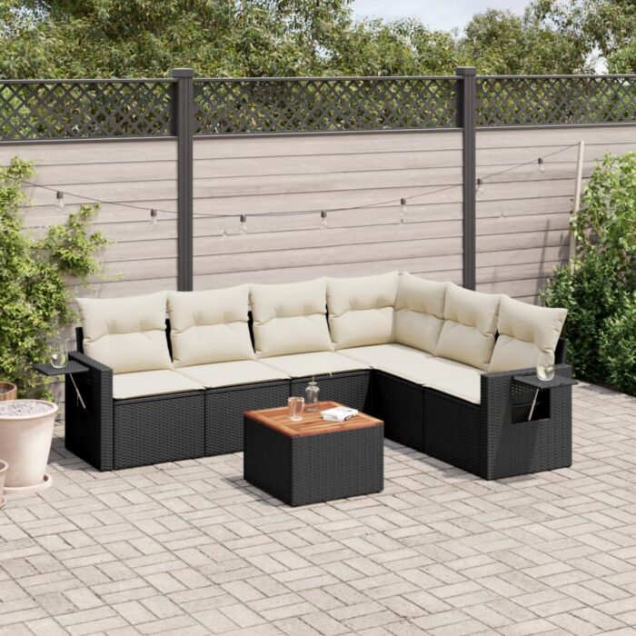 Salon de jardin 7 pcs avec coussins noir résine tressée – Image 1