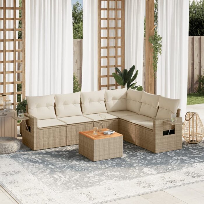 Salon de jardin avec coussins 7 pcs beige résine tressée – Image 1