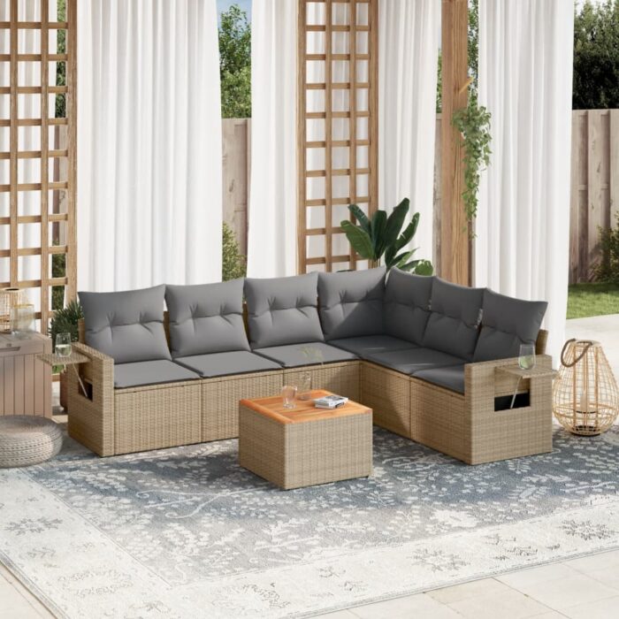 Salon de jardin avec coussins 7 pcs beige résine tressée – Image 1