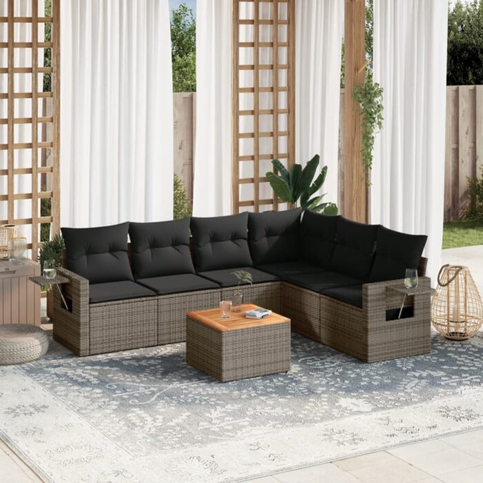 Salon de jardin avec coussins 7 pcs gris résine tressée – Image 1