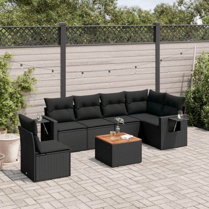 Salon de jardin 7 pcs avec coussins noir résine tressée – Image 1
