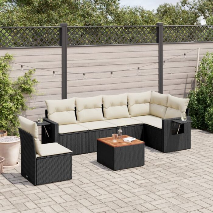 Salon de jardin 7 pcs avec coussins noir résine tressée – Image 1