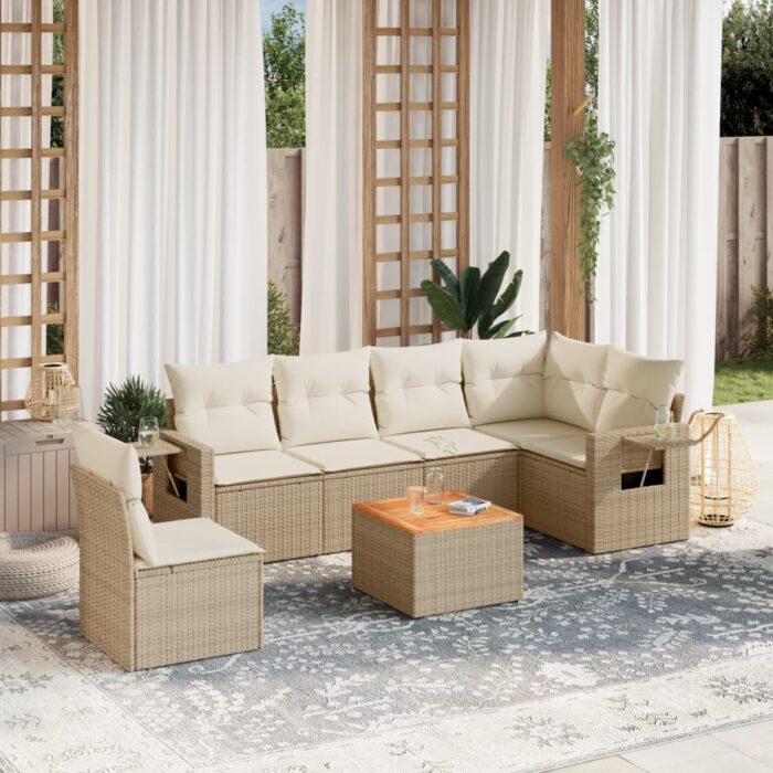 Salon de jardin avec coussins 7 pcs beige résine tressée – Image 1