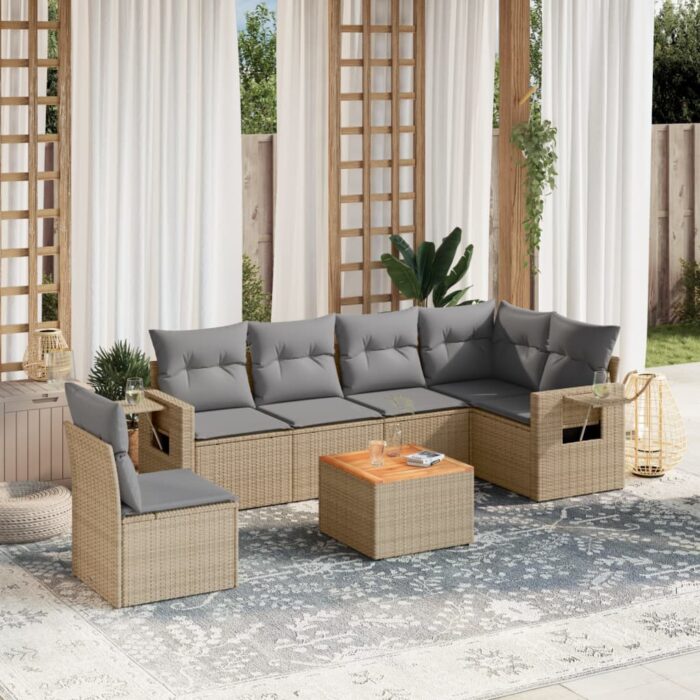 Salon de jardin avec coussins 7 pcs beige résine tressée – Image 1