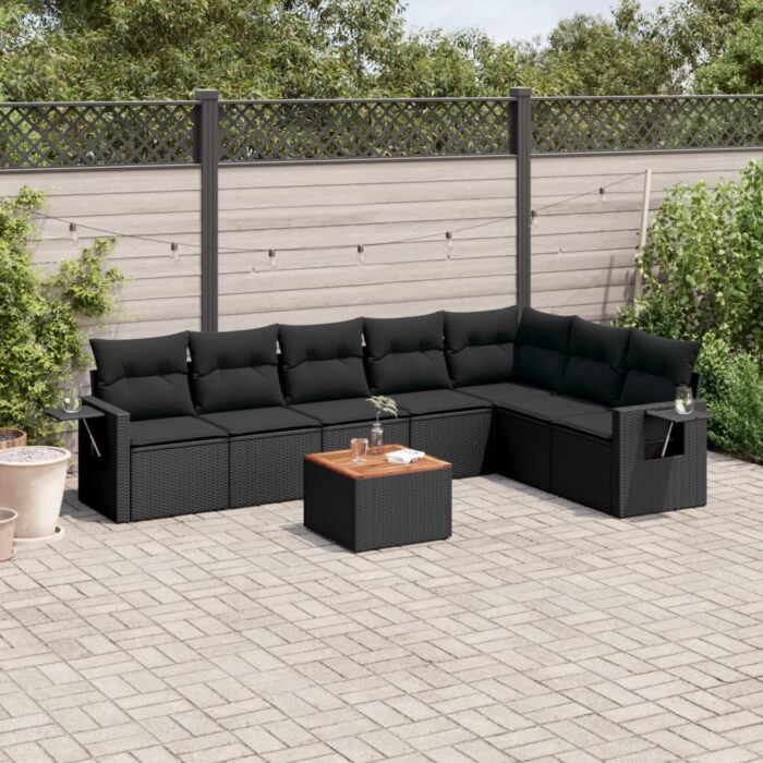 Salon de jardin 8 pcs avec coussins noir résine tressée – Image 1
