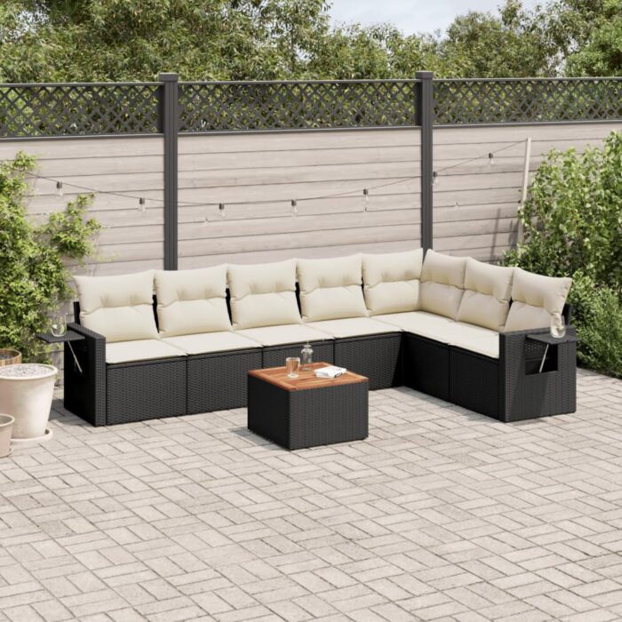 Salon de jardin 8 pcs avec coussins noir résine tressée – Image 1