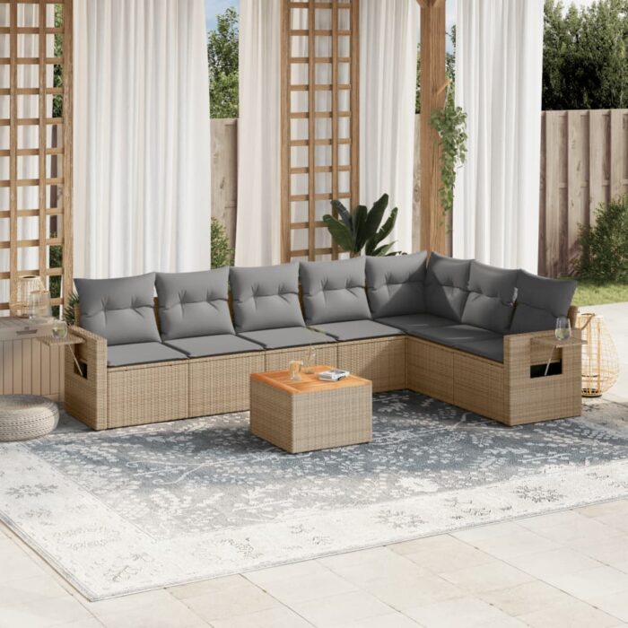 Salon de jardin avec coussins 8 pcs beige résine tressée – Image 1