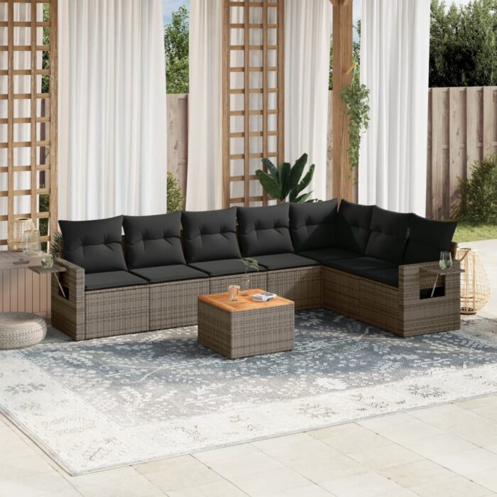Salon de jardin 8 pcs avec coussins gris résine tressée – Image 1