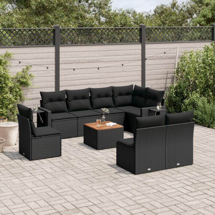 Salon de jardin 9 pcs avec coussins noir résine tressée – Image 1