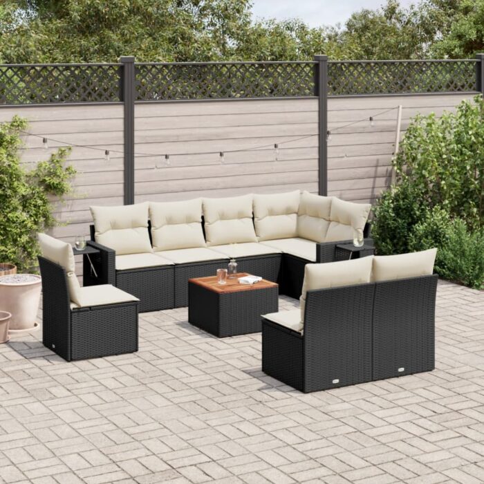 Salon de jardin 9 pcs avec coussins noir résine tressée – Image 1