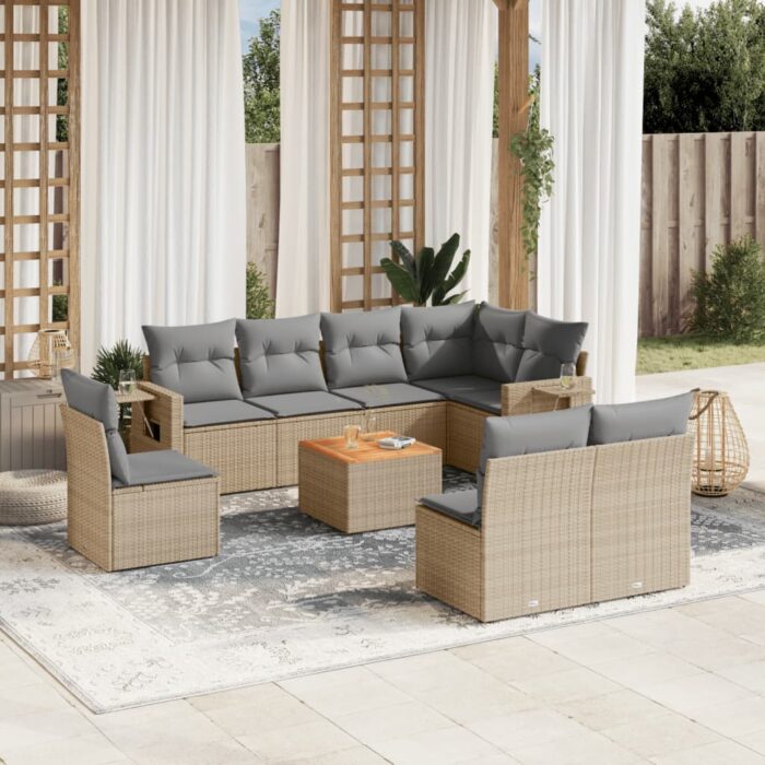 Salon de jardin avec coussins 9 pcs beige résine tressée – Image 1