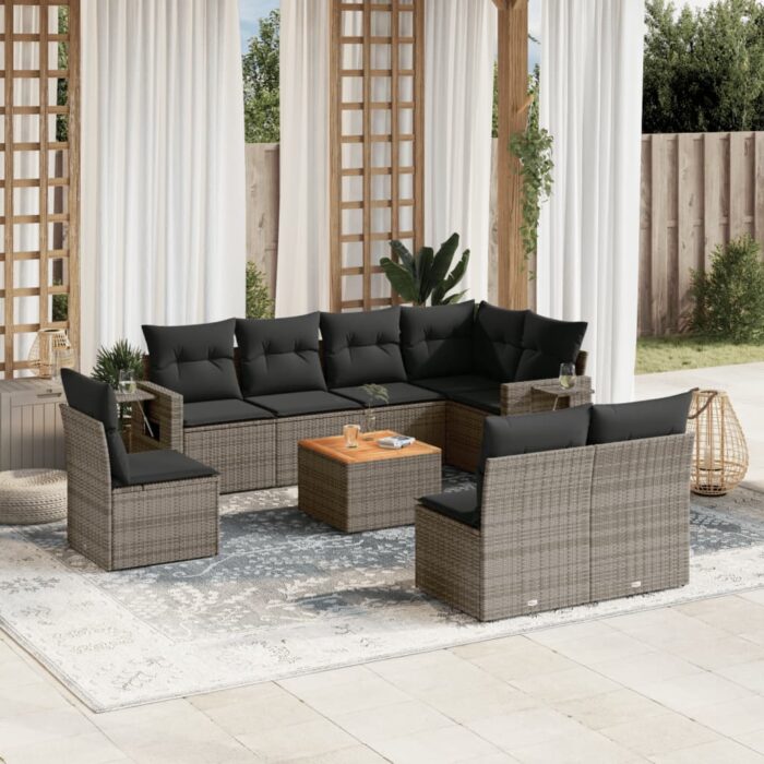 Salon de jardin 9 pcs avec coussins gris résine tressée – Image 1