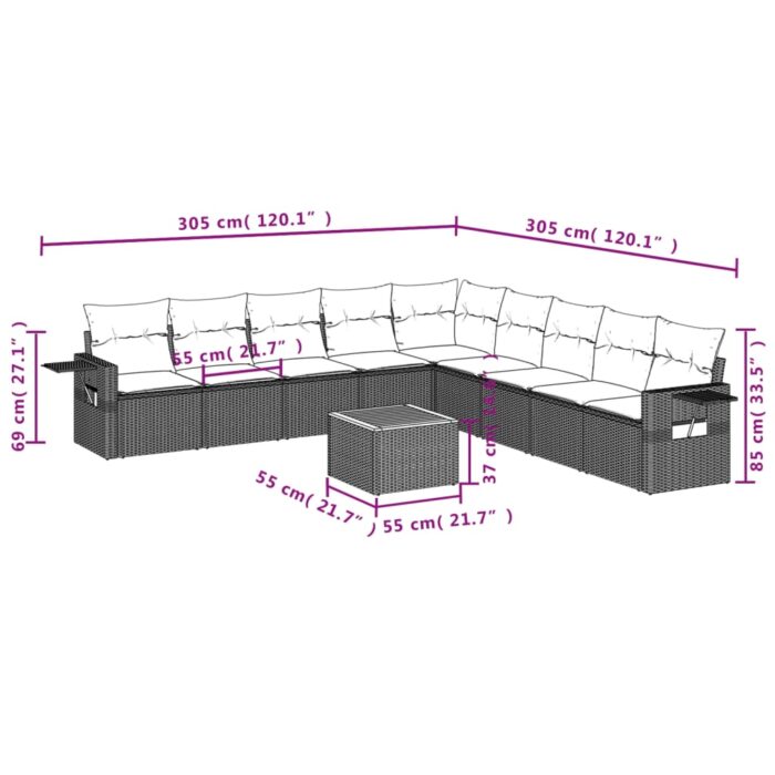 Salon de jardin 10 pcs avec coussins noir résine tressée – Image 7