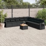 Salon de jardin 10 pcs avec coussins noir résine tressée