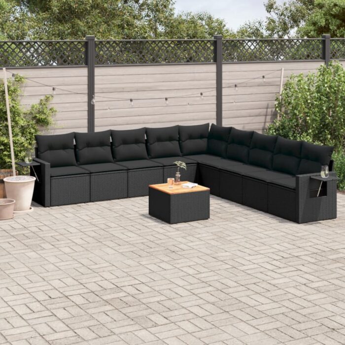 Salon de jardin 10 pcs avec coussins noir résine tressée – Image 1