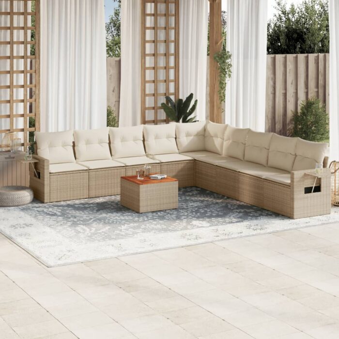 Salon de jardin avec coussins 10 pcs beige résine tressée – Image 1